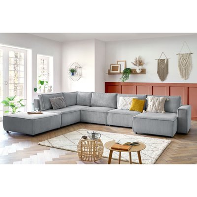 Canapé d'angle fixe modulable XL velours côtelé avec pouf, NIHAD BOBOCHIC