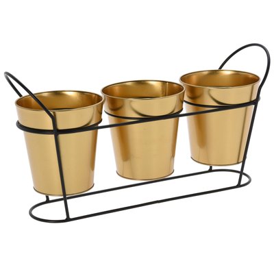 Set de 3 pots plantes dorés avec support métal noir WADIGA