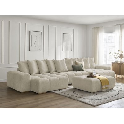 Canapé panoramique convertible 7 places en tissu bouclette avec pouf, ANAKIN BOBOCHIC