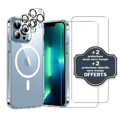 Coque Anti-choc compatible Magsafe pour Iphone 13 Pro Max Transparente + 2 protections écran et 2 protections objectif caméra EVETANE