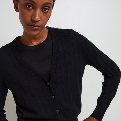 Cardigan boutonné col V ajouré. MONOPRIX