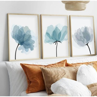 Tableau floral aquarelle bleu pastel – lot de 3 PIER IMPORT