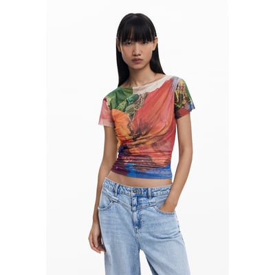 Tee-shirt Femme Desigual Taille L - Coton Léger Bleu à Motifs Géométriques - Style Décontracté Coloré | Vêtement Basique Tendance