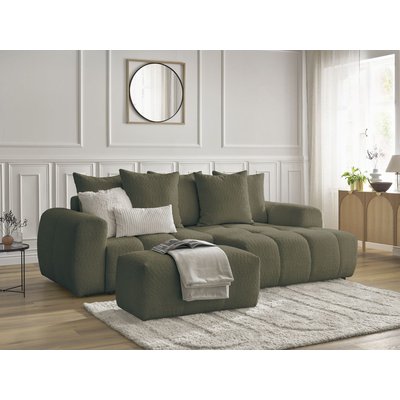 Canapé d'angle convertible 3 places en tissu bouclette avec pouf, ROXELANE BOBOCHIC