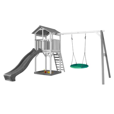 AXI Structure de jeu Beach Tower avec 1 balancoire siege nid rond Blanc Gris avec Toboggan Gris AXI HOUSE