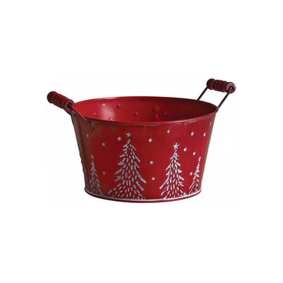 Corbeille ronde en métal rouge motif sapins et neige AUBRY GASPARD