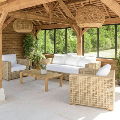 Salon de jardin tressage synthétique coussins blancs SUMMER PIER IMPORT