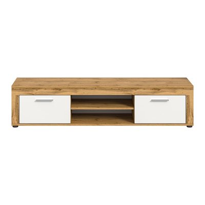 Meuble TV 2 portes abattantes et 2 niches blanc et chêne wotan L160 cm - AOSTA CALICOSY
