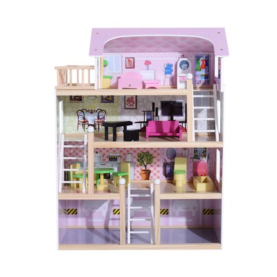 Maison de poupée en bois blanc et rose HOMCOM