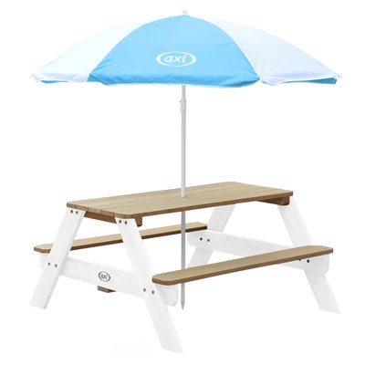 Nick table picnic marron/blanc - avec parasol bleu/ blanc AXI
