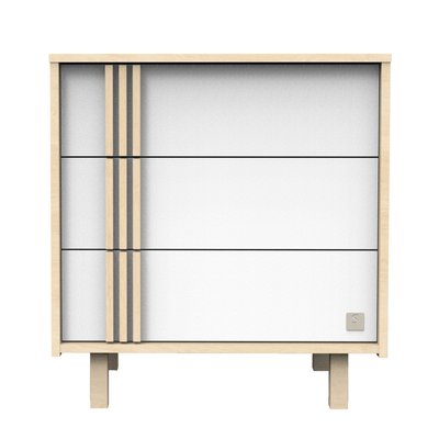 Commode 3 tiroirs en décor chêne velours et avec appliques en bois SAUTHON