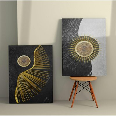Tableau abstrait soleil or – fond noir et argent (set de 2) PIER IMPORT