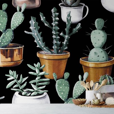 Papier peint panoramique cactus et pots de cuivre HEXOA