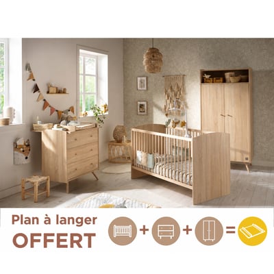 Chambre bébé trio: Lit bébé 70x140 évolutif, commode à langer 3 tiroirs et armoire 2 portes décor bois chêne SAUTHON