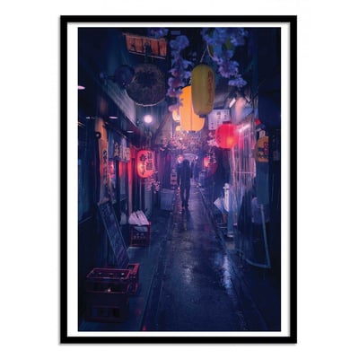 Affiche d’art et cadre noir 50 x 70 cm - Tokyo Blue Rain - Javier WALL EDITIONS