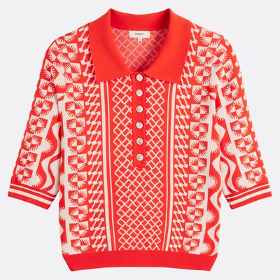 Printed Polo Shirt, Elbow-Length Sleeves, POLKA SUNCOO
