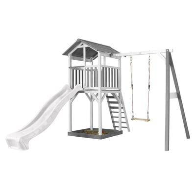 AXI Structure de jeu Beach Tower Blanc gris avec 1 balancoire et toboggan Blanc et bac à sable AXI HOUSE