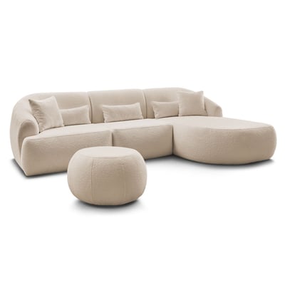 Canapé d'angle fixe 4 places en tissu bouclette avec pouf, ALESIA BOBOCHIC