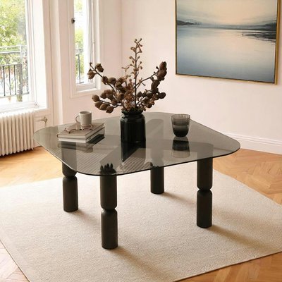 Table basse carrée en verre fumé - pieds bois sculpté BOMA PIER IMPORT