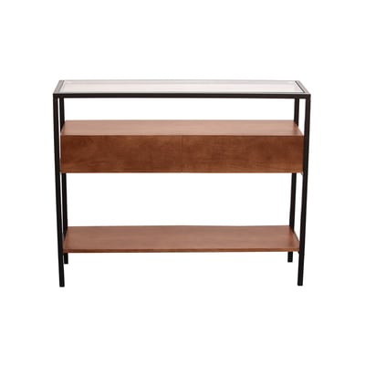 Console en bois foncé manguier massif et plateau en verre 2 tiroirs L100 cm SITA MILIBOO
