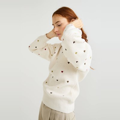 Pull col rond brodé en coton et laine mélangés. MONOPRIX