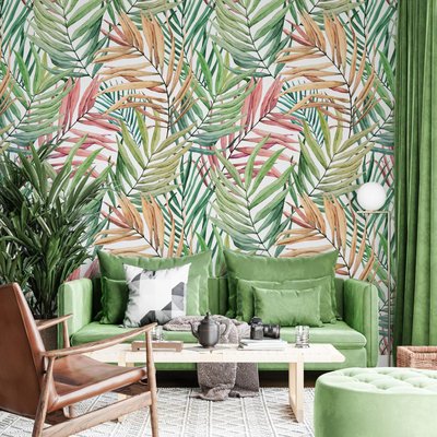 Papier peint avec grandes feuilles tropicales colorés - 170x260 cm (l x h) LA TOUCHE ORIGINALE