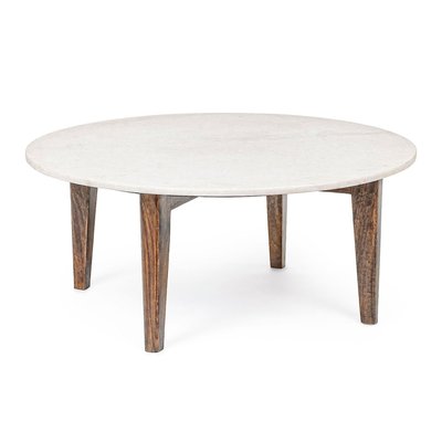 Table basse ronde vintage en manguier et marbre blanc L75 - BLANY HELLIN, DEPUIS 1862