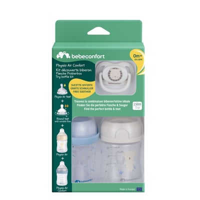 Lot de 2 biberons physio Air Confort 150 ml + tétine 0-6 mois S Sand BEBECONFORT
