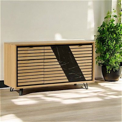 Bahut 3 portes chêne blanc décor graphique ESSEN PIER IMPORT