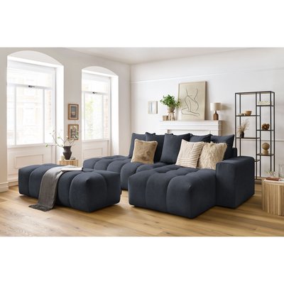 Canapé d'angle fixe 4 places en velours avec pouf, MONT-BLANC BOBOCHIC