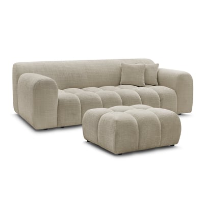 Canapé droit fixe 3 places en tissu texturé avec pouf, MELISSE BOBOCHIC