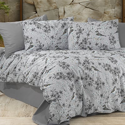 Paure de couette et tai(e) coton imprimé, petalia gris C DESIGN HOME TEXTILE