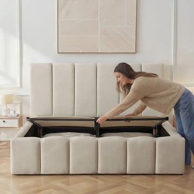 Lit Coffre Tissu Beige MADELEINE BELLECOUR