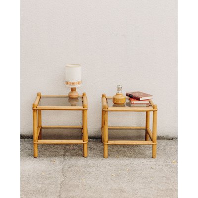 Paire de 2 tables de chevets en pin massif et verre Maïa N°1511 - Bon état DEBONGOUT