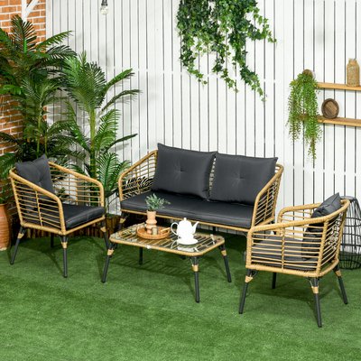 Salon de jardin 4 places 4 pièces style colonial gris aspect rotin OUTSUNNY
