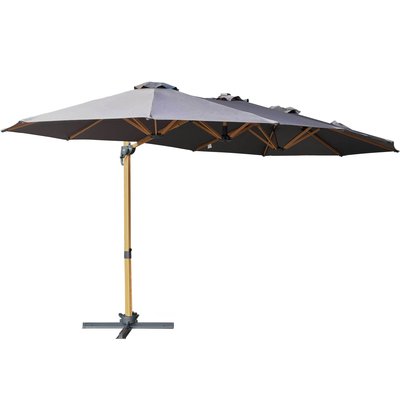 Parasol déporté 3 têtes avec mât rotatif 360° effet bois et housse de protection, TRIANO OVIALA