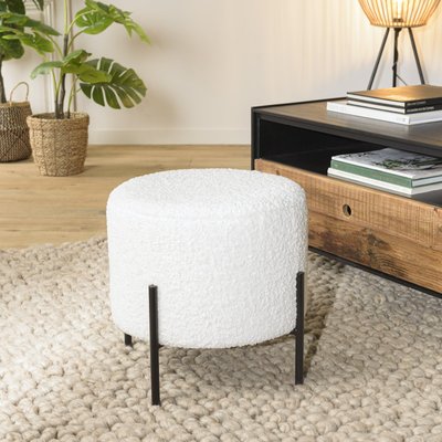 Tabouret de salon rond blanc tissu bouclettes TIM PIER IMPORT