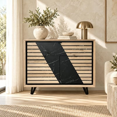 Buffet 2 portes chêne blanc décor graphique ESSEN PIER IMPORT