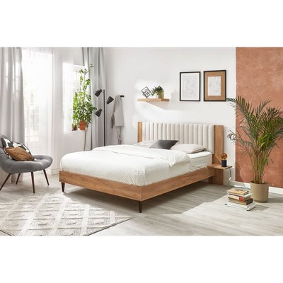 Lit en MDF Tissu avec pieds en bois wengé, SELENA BOBOCHIC