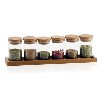 Set de 6 Pots à Épices en Verre et Plateau en Bambou WADIGA
