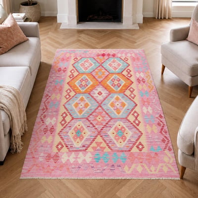 Tapis kilim, motif géométrique, tissé plat en laine naturelle UN AMOUR DE TAPIS