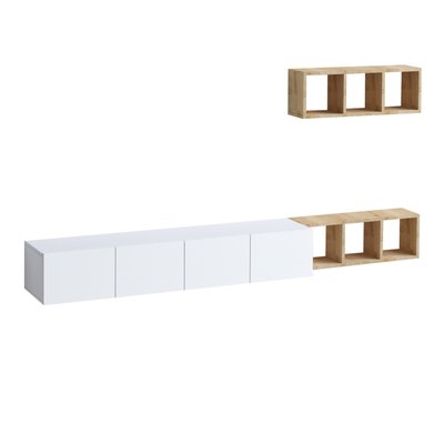 Meuble TV suspendu 4 portes blanc et étagère chêne L215 cm - PIA CALICOSY