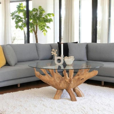 Table basse ronde en racine de teck  Ø110 cm - plateau verre ARIZONA PIER IMPORT