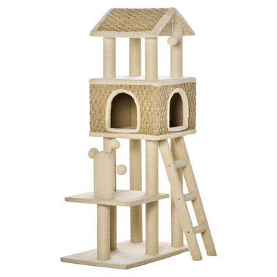 Arbre à chats style cosy chic griffoirs grande niche jeu boules beige PAWHUT