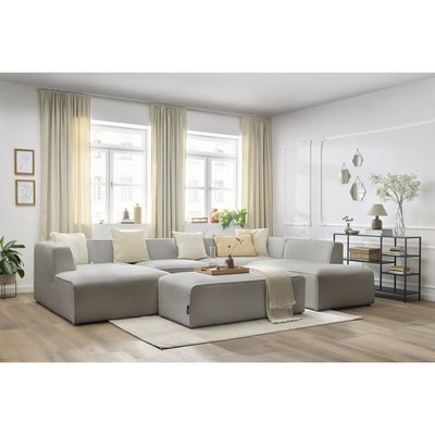 Canapé panoramique fixe 6 places en tissu bouclette avec pouf, MEGEVE BOBOCHIC