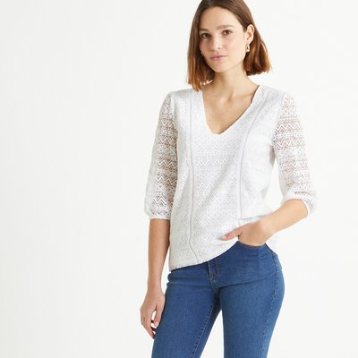 Cotton Mix T-Shirt with V-Neck and 3/4 Length Sleeves ANNE WEYBURN