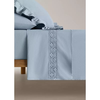 Drap plat percale de coton lavé détail dentelle lit 150/160 cm MANGO HOME