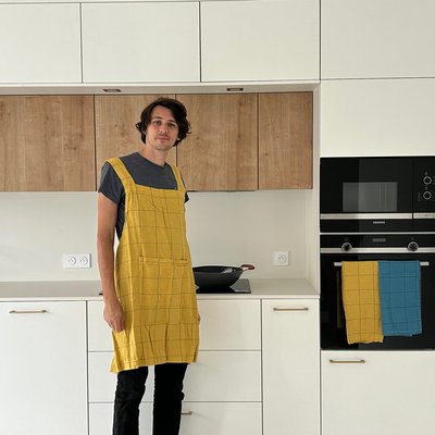 Tablier de cuisine en lin et coton, TISSAGE GRAPHIQUE BLANC CERISE