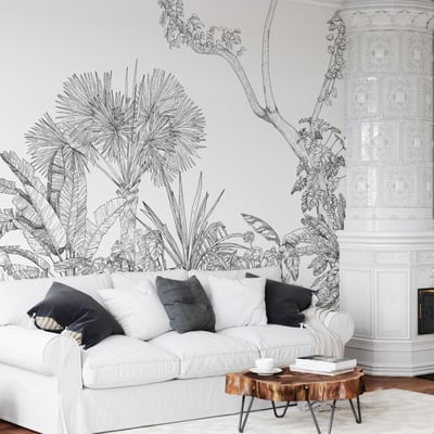 Papier peint panoramique, Paysage tropical et naturel noir et blanc - 85x260 cm (l x h) LA TOUCHE ORIGINALE