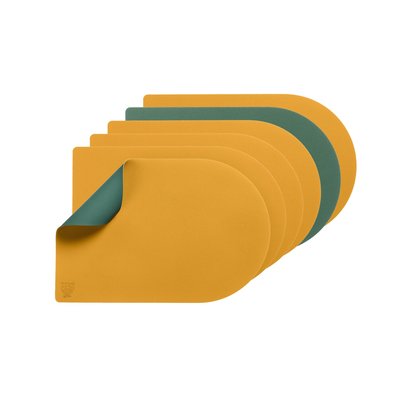Set de table rectangovale réversible - 6 pièces - Cuir recyclé jaune moutarde et vert sapin BJORN